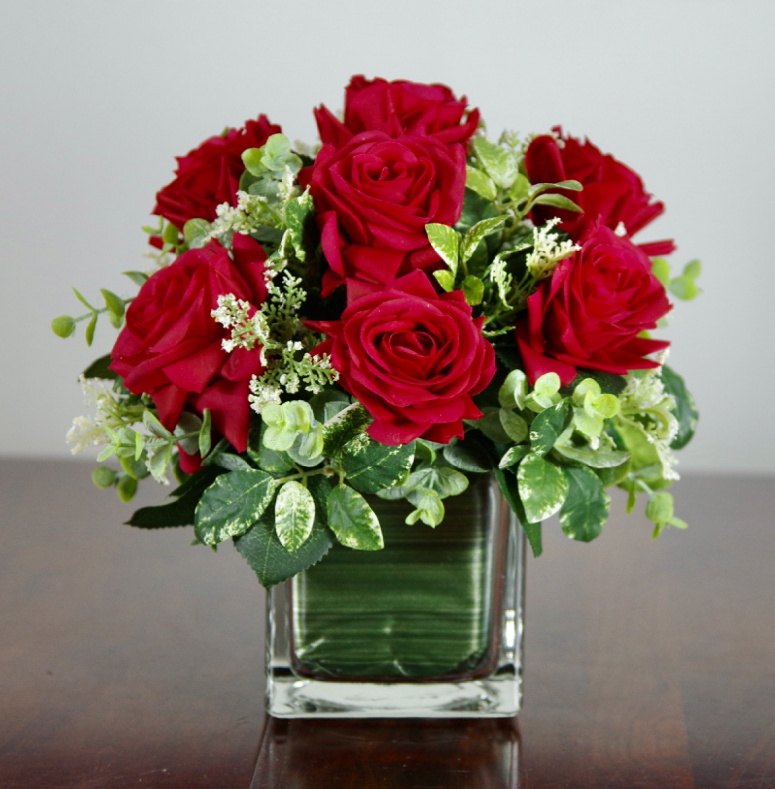 Silk Red Real Touch Roses and White Wildflowers in a Clear Cube Glass Vase