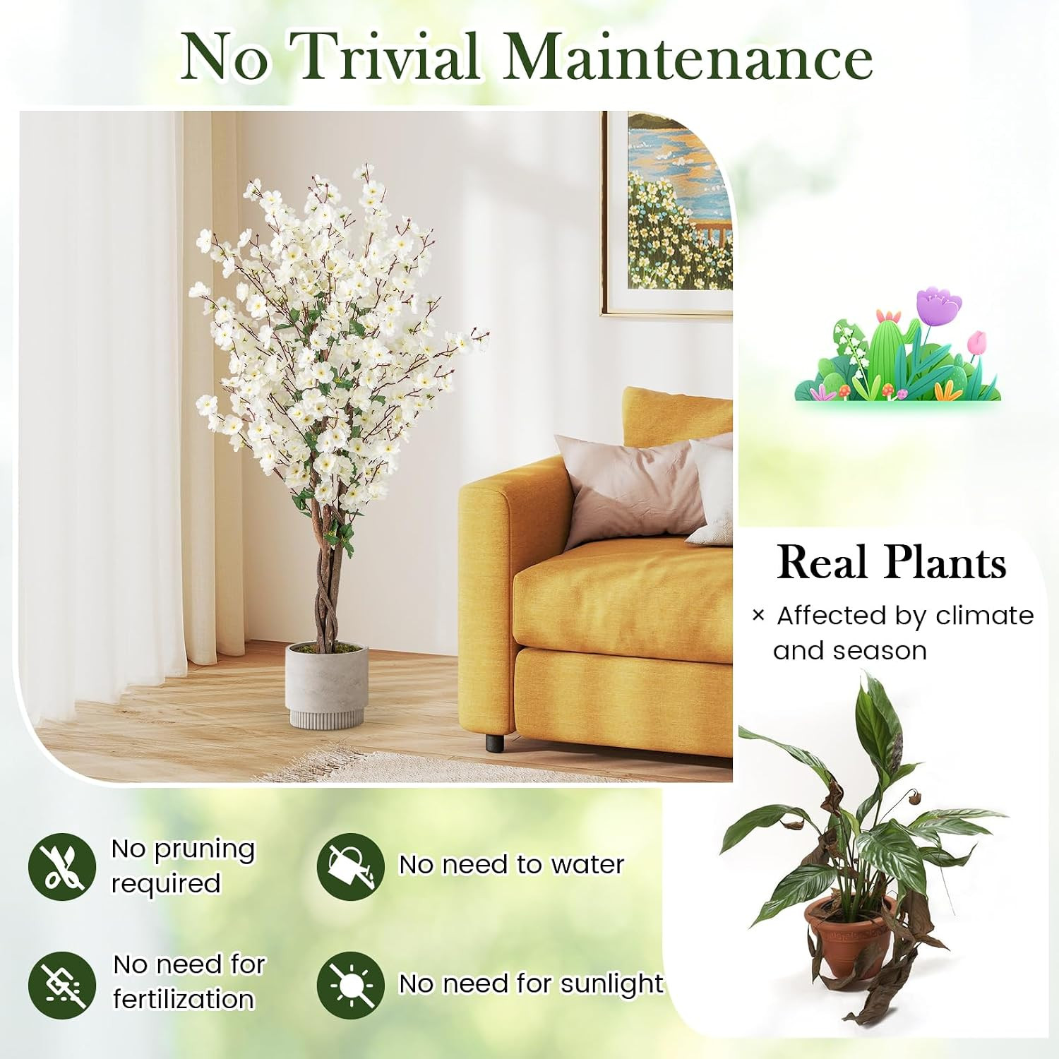 47” Artificial Wintersweet Tree, 2 Pack Faux Plum Blossom Plant with White Fabri