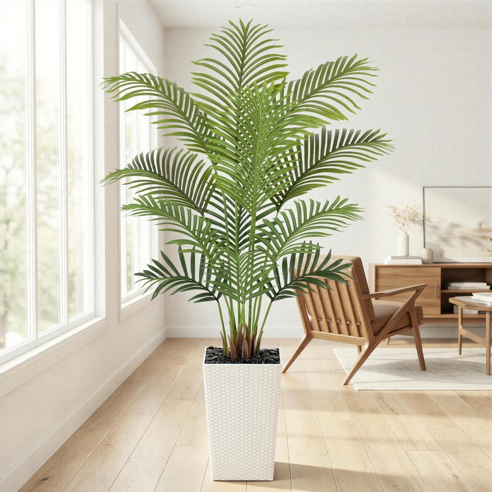 5ft Artificial Palm Tree with White Planter – Tall Fake Palm Tree Indoor Fake…