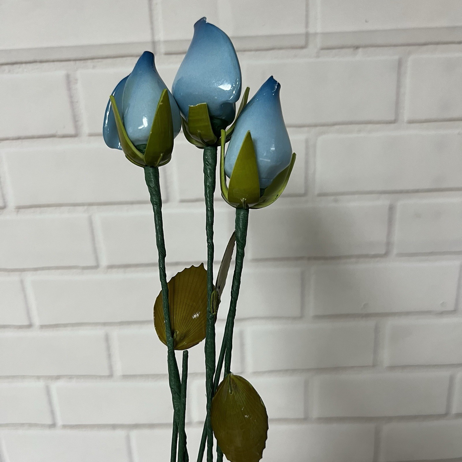 Vintage Set Of 3 Blue Ceramic Tulips Rosebuds Flowers Decor Stems Leaves