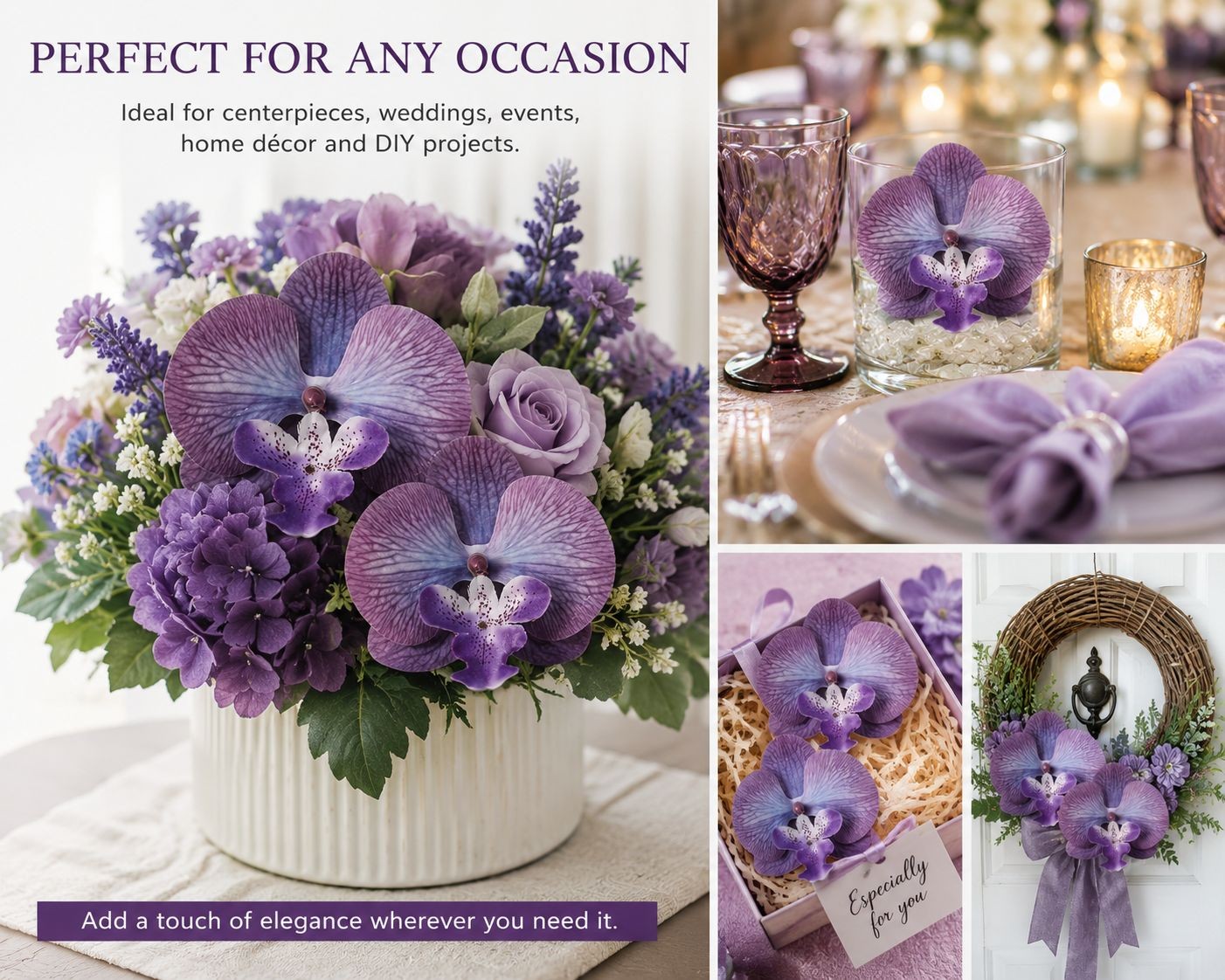 Real Touch Orchid Heads Set of 2 Purple Phalaenopsis Blooms 3.5 Inch for Corsage