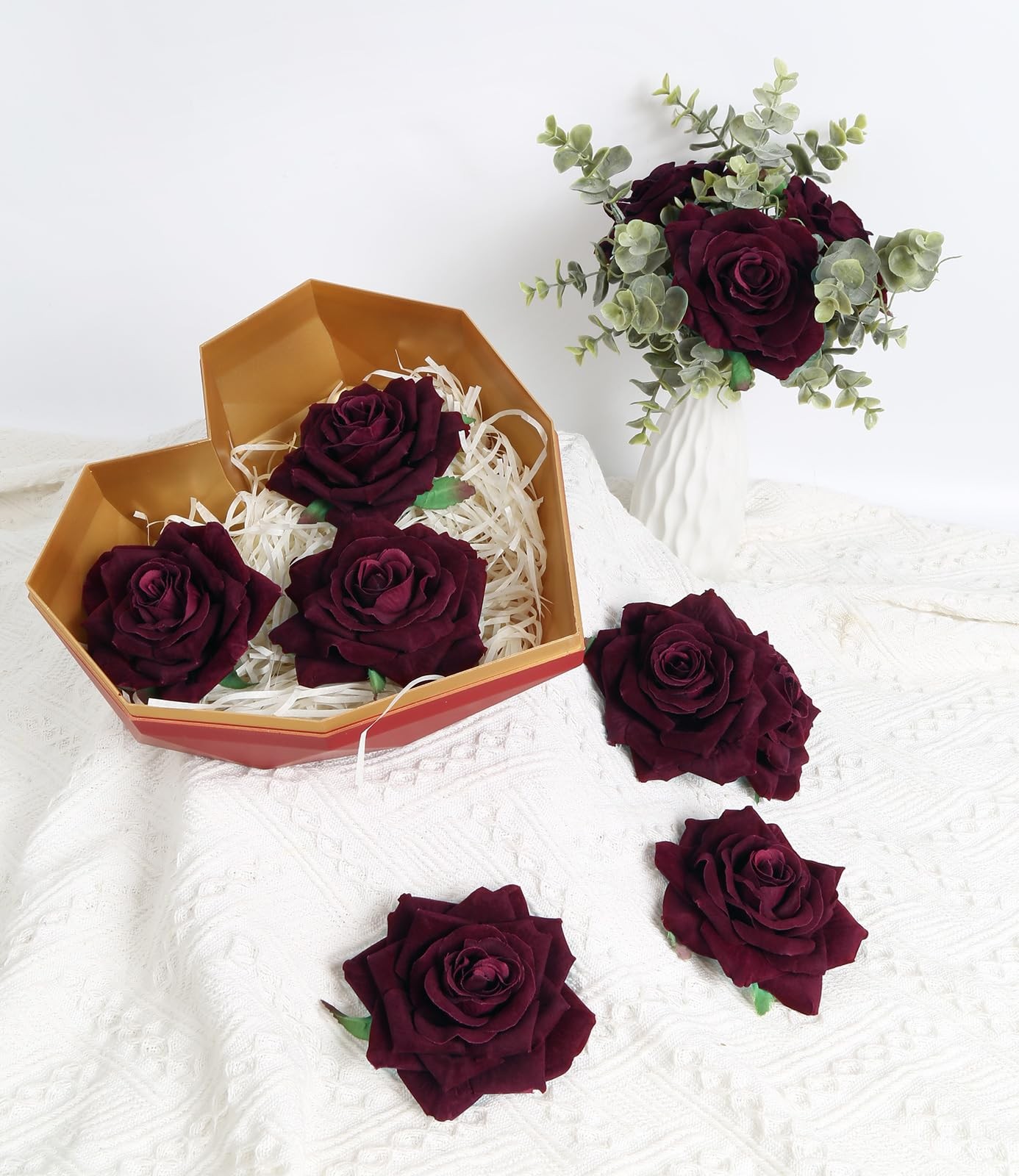 Artificial Velvet Roses 16 PCS Burgundy Maroon Flowers 4.3 Inch Fake Floral