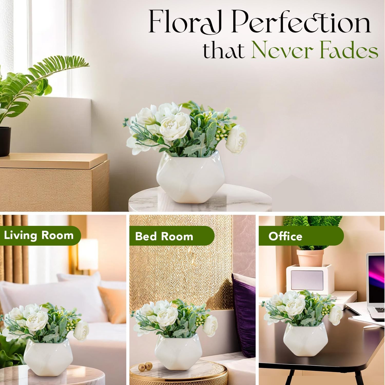 Small Flower Pot White Rose Ceramic Flower Vase with Artificial Flowers Plant