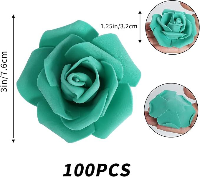 100PCS Teal Green Artificial Foam Roses Wedding Flowers DIY Home Decor