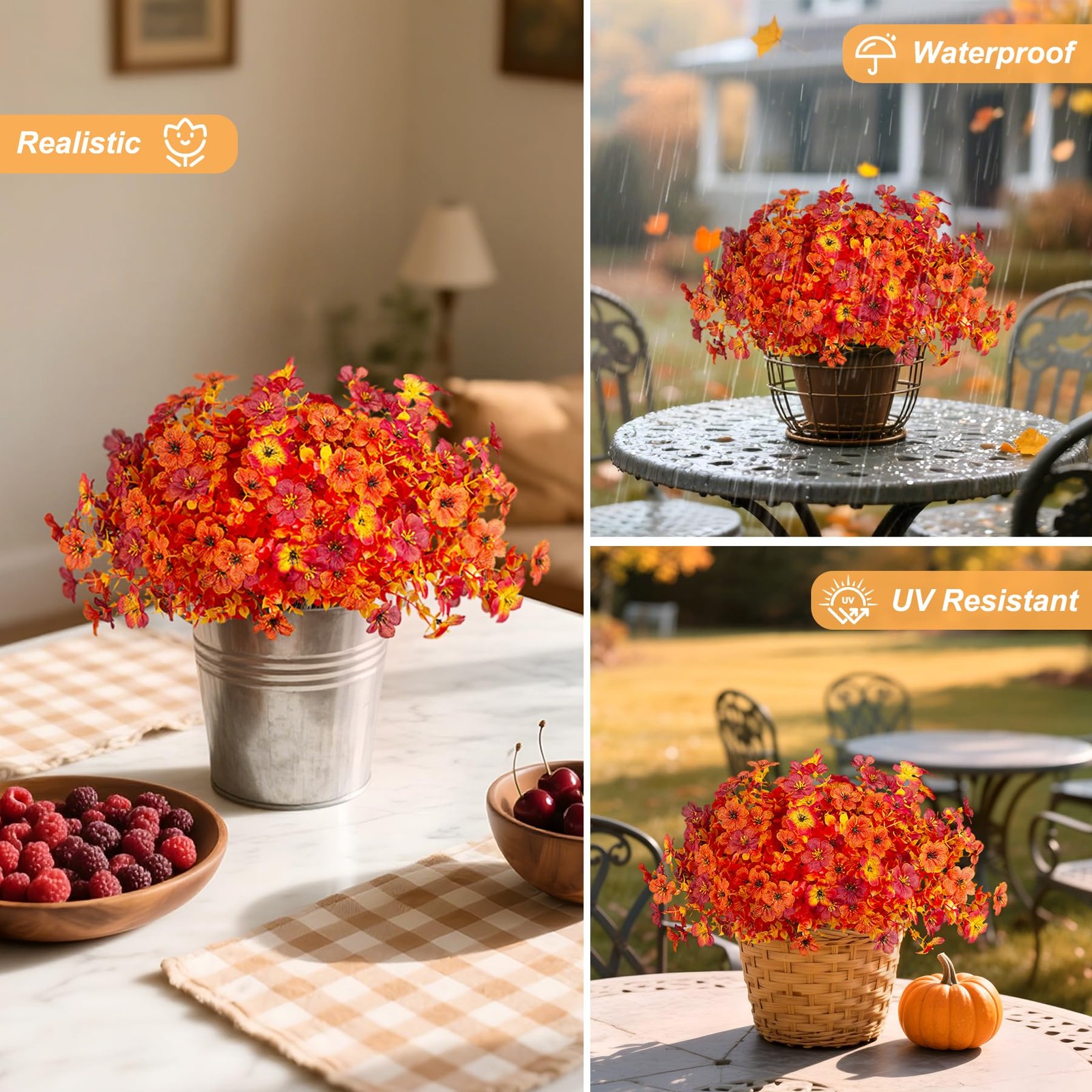 INXUGAO Artificial Mums Fall Flowers UV Resistant 9.7×9.7×13.7in B-red