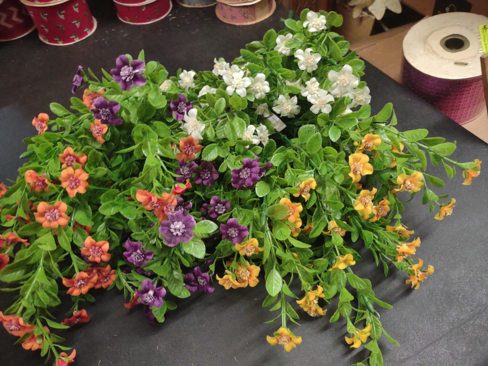 Set of 4: Silk Mini Daisy Bush, “Jacob’s Ladder” Orange, White, Purple, & Gold