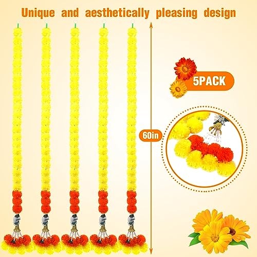 5 Pcs Diwali Marigold Garland for Decoration 5 Feet Long Artificial Yellow