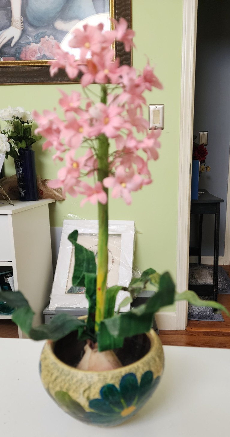 Vintage Artificial Pink Hyacinth Floral Arrangement Primitive Pottery Decor