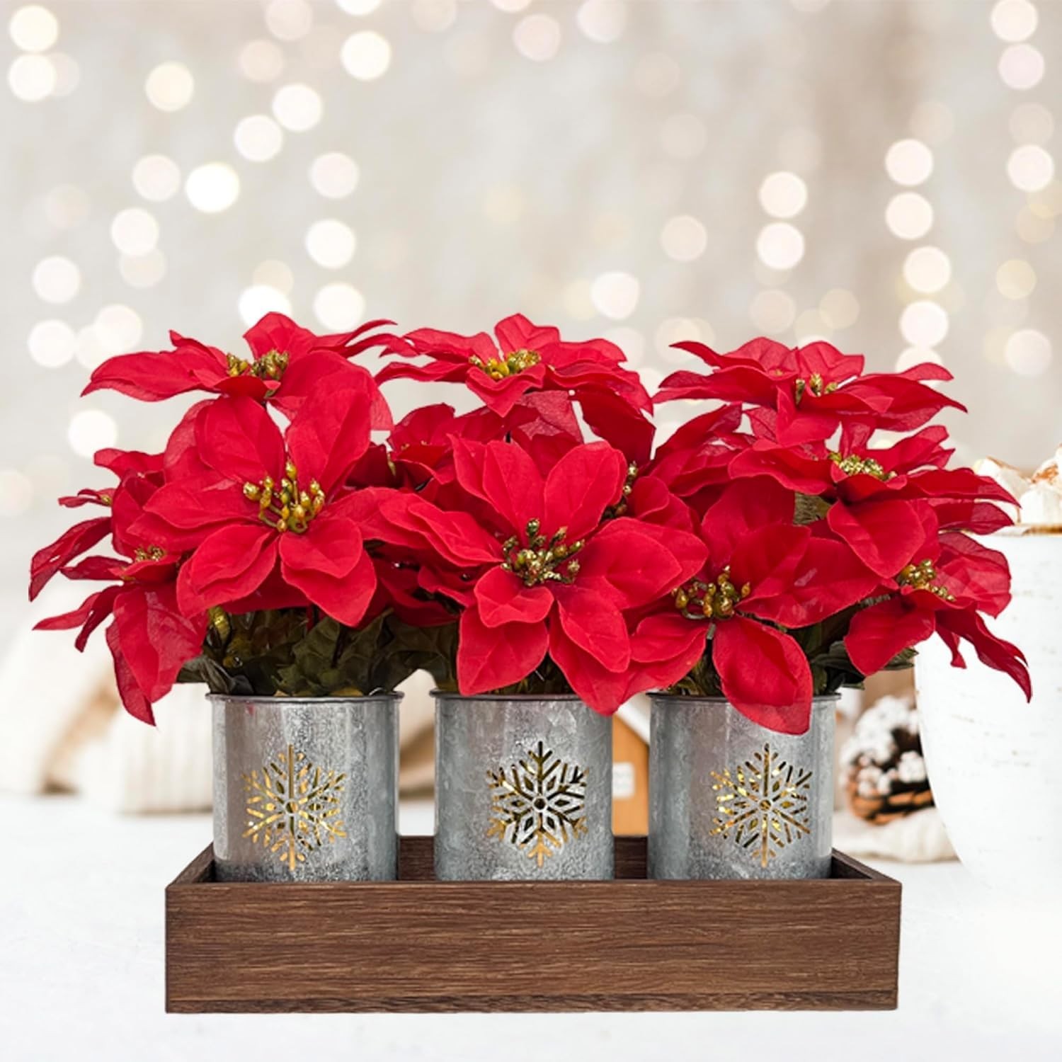 3 Pack Artificial Poinsettia Bushes – 9.8″ Faux Red Poinsettia Bouquets with …