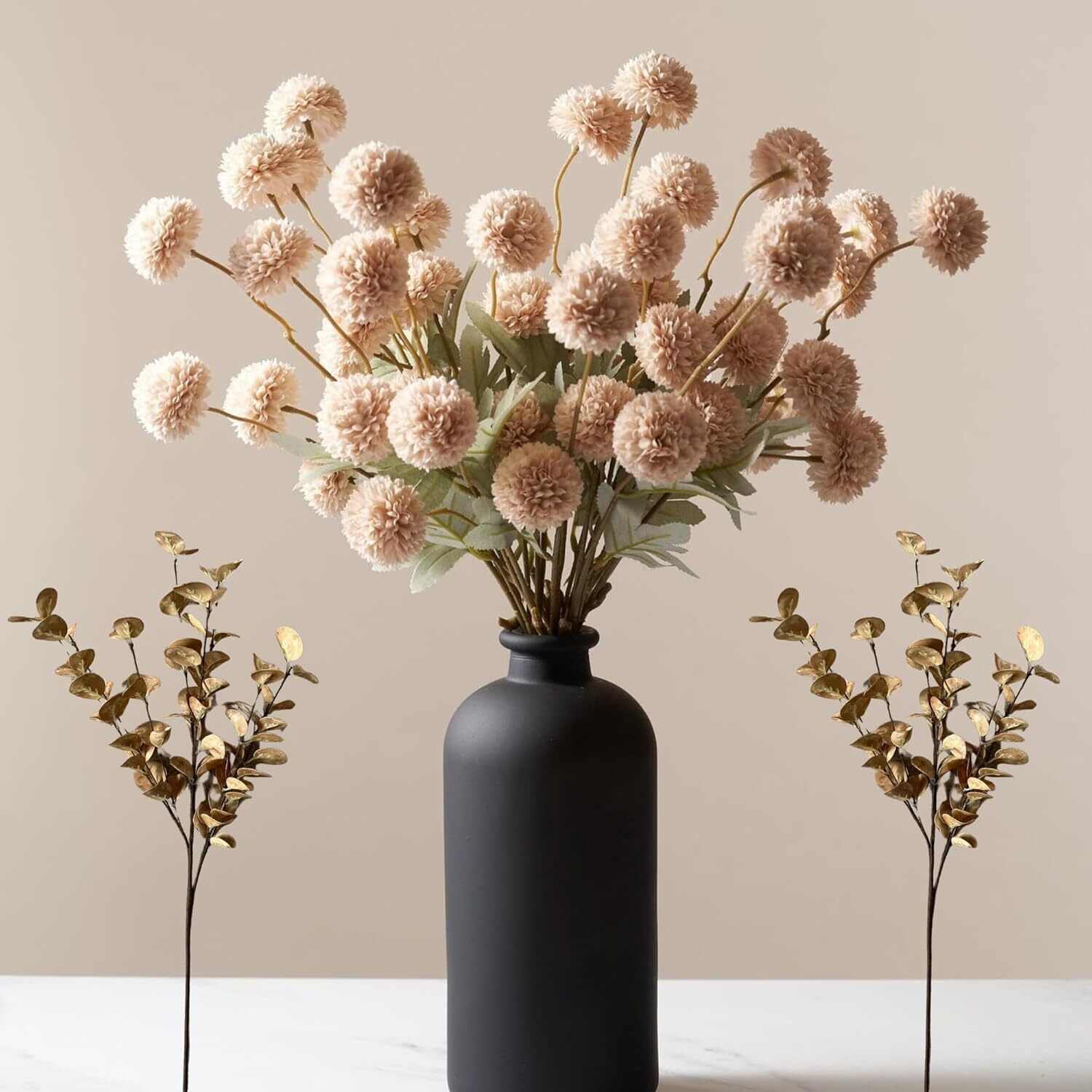 Beige Flowers Artificial + Eucalyptus, Fake Mums Long Stem Flowers, Tan Nude Cre
