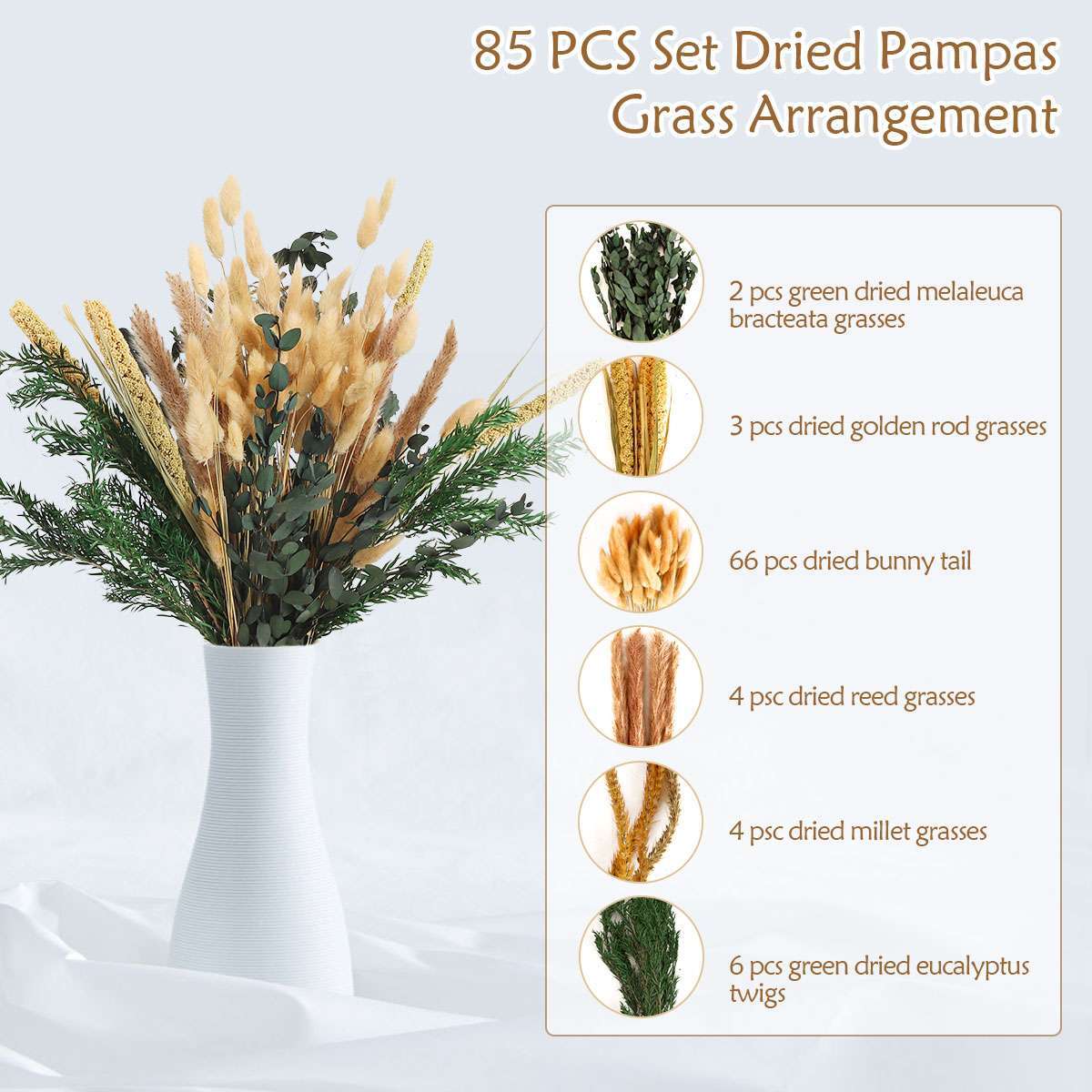 85Pcs 17″ Tall Boho Natural Dried Pampas Grass Bouquet Total Decor Wedding Party
