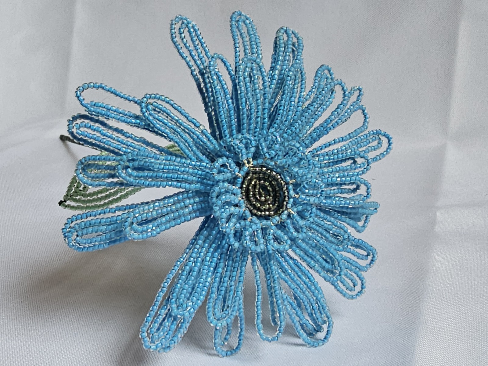 Aqua French Beaded Gerbera Daisy – Handmade Heirloom Floral Decor Gift Idea