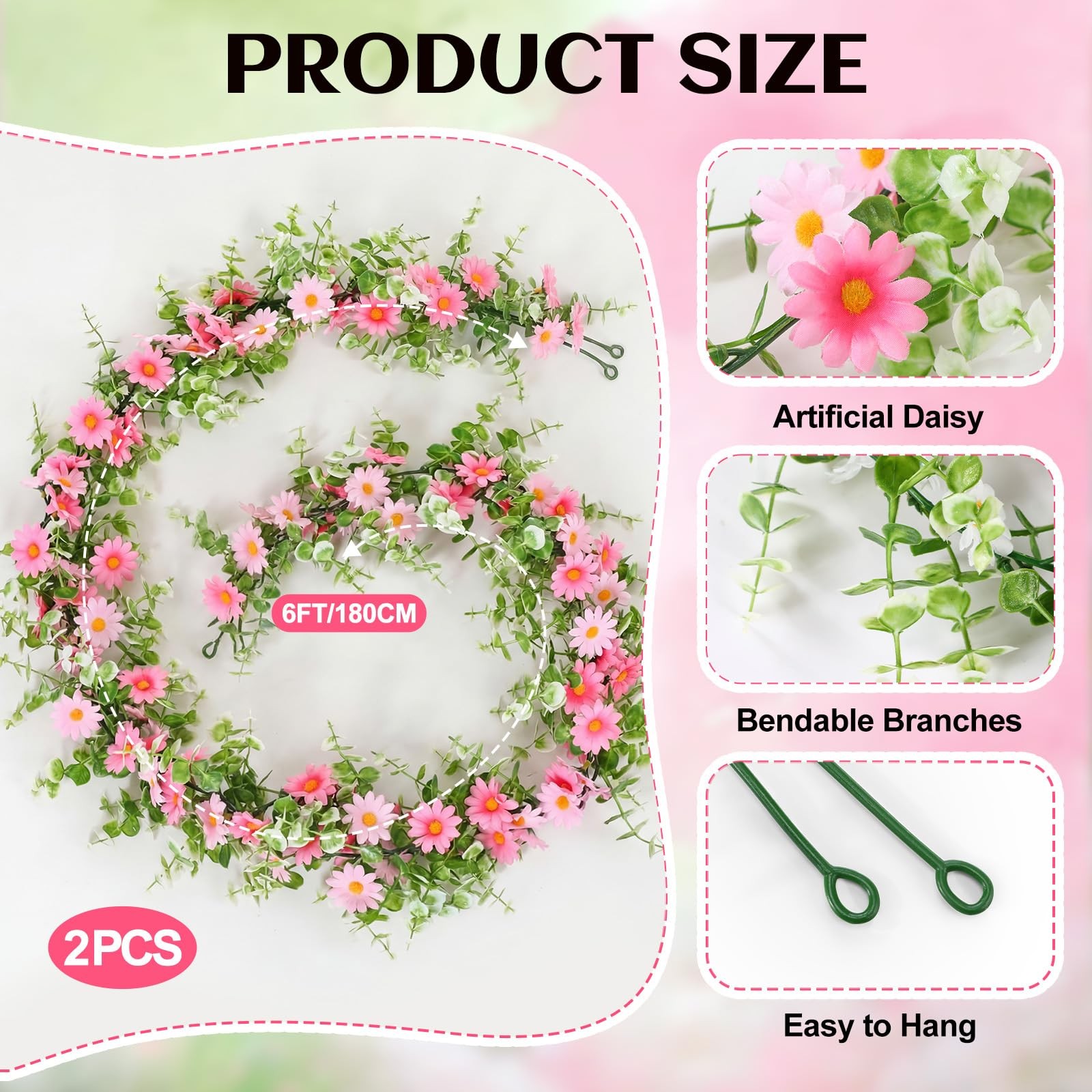 2 Pcs 6 Ft Artificial Daisy Garland with 100 Fake Flowers Hanging Vine Spring…