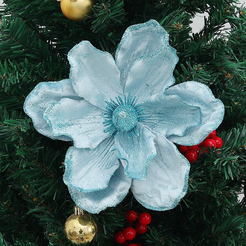 6PCS Christmas Flower Tree Ornament Glitter Artificial Magnolia Flowers Velve…