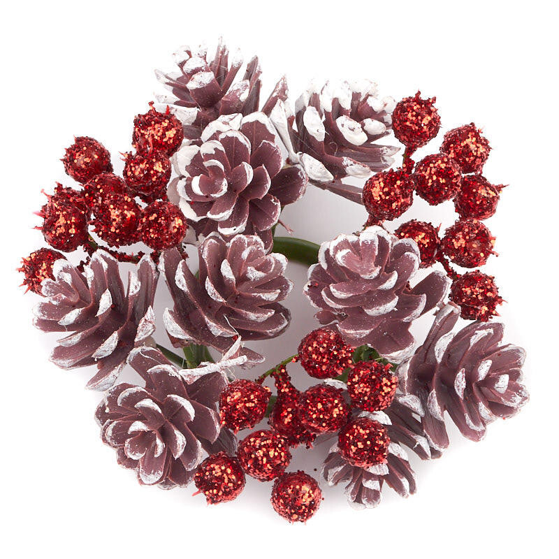 Set of 6 Red Glittered Artificial Berry and Pinecone Candle Rings