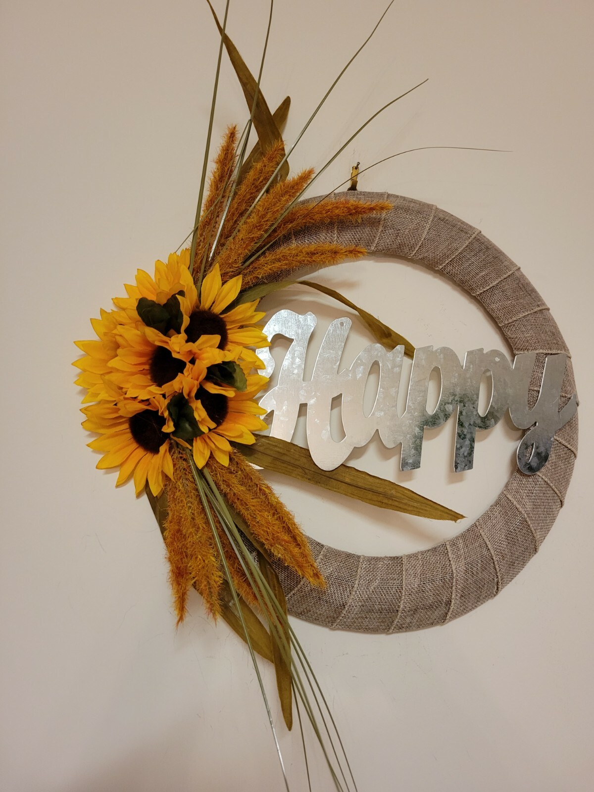 HAPPY Sunflower Foxtail burlap WREATH FALL autumn Decor Front Door 15″ orange