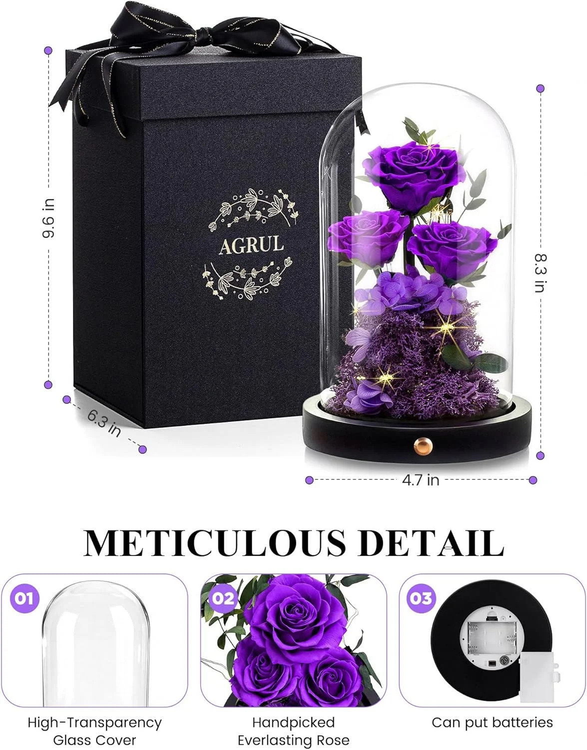 Preserved Purple Rose in Glass Dome Gift for Mom Forever Flower