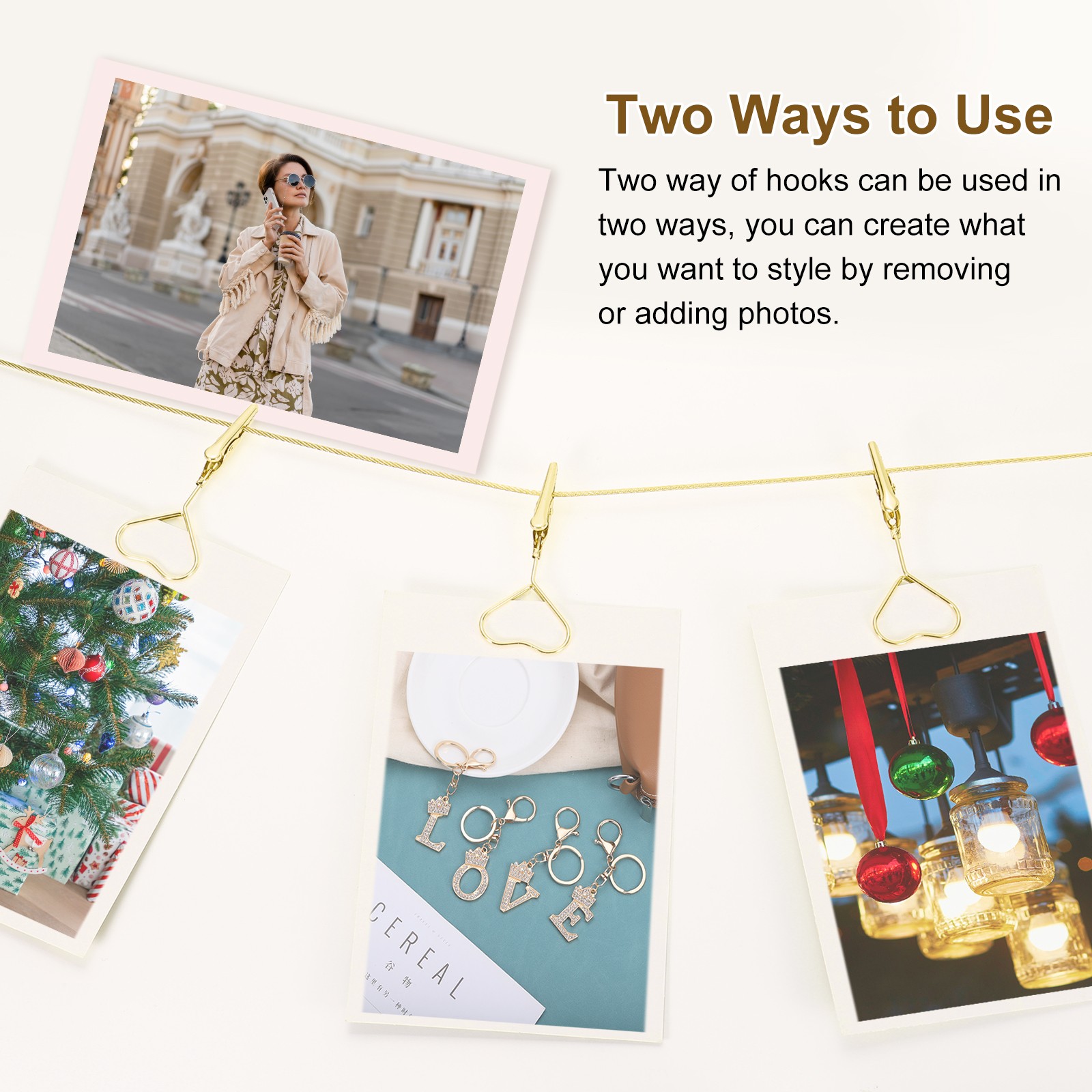 5Ft Wall Hanging Photo Display Cable Wire Rod with 10 Heart Clips, Gold