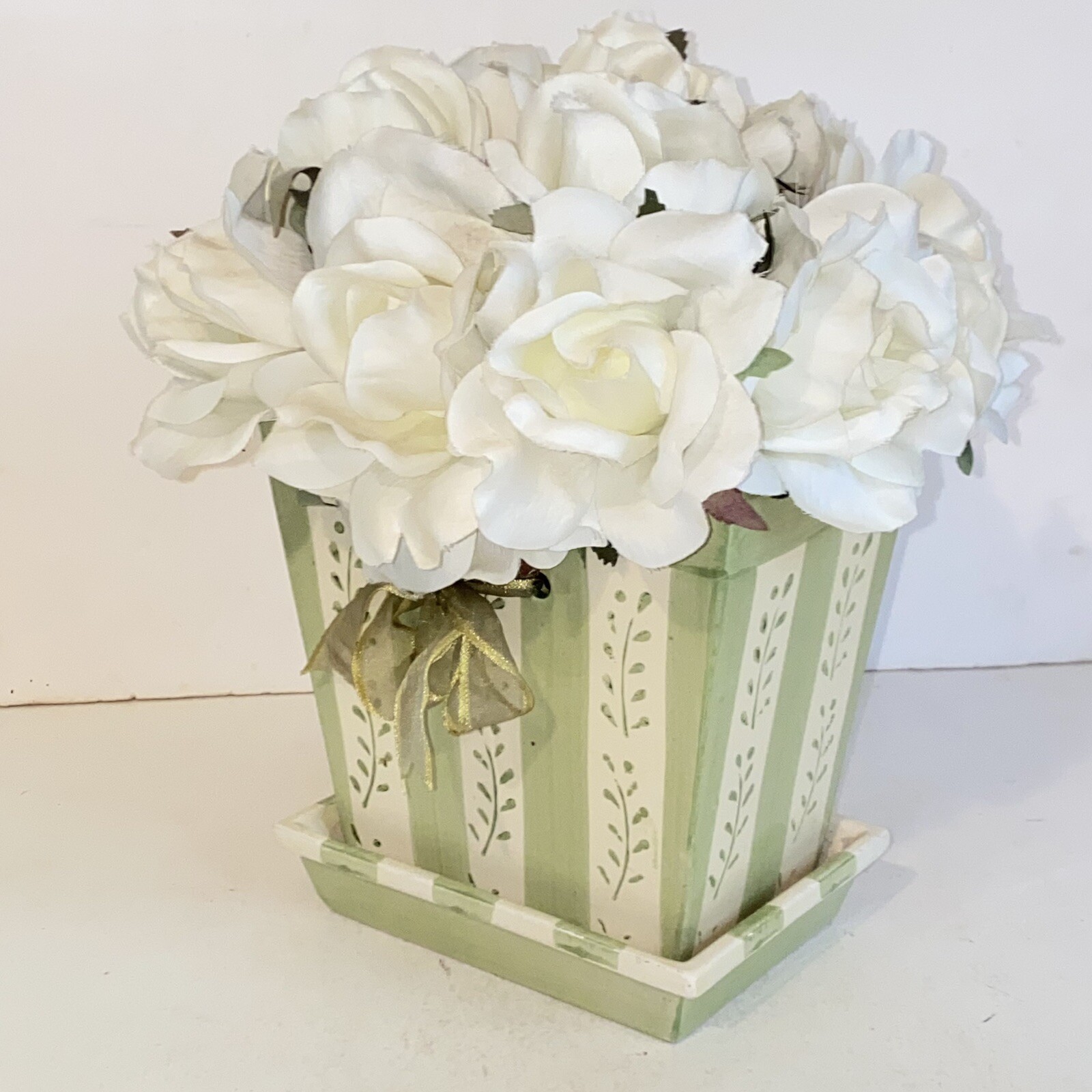 White Rose Floral Arrangement in Green & White Ceramic Holder Vase Planter