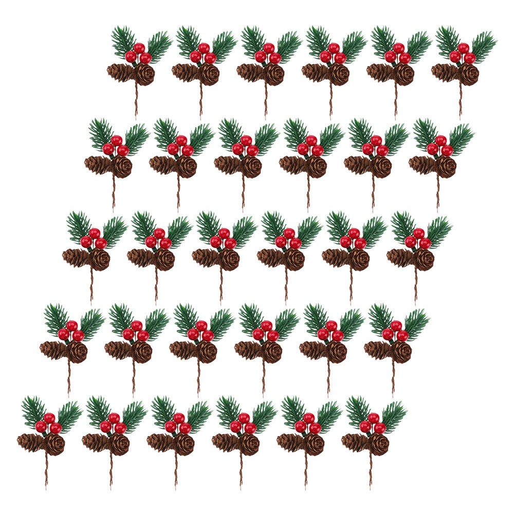 30 Pcs Artificial Pine Branches Pine Cones And Red Berry Christmas Picks Decor