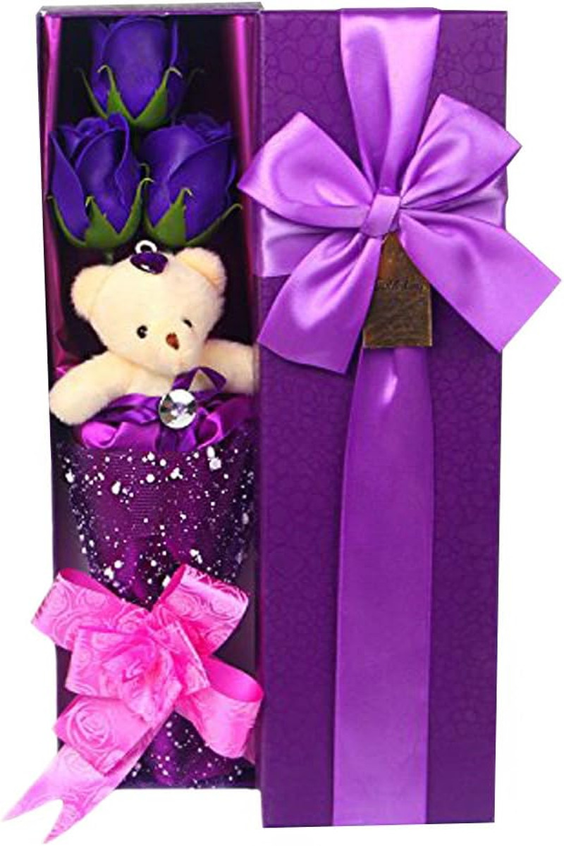 Flower Bouquet 3 Scented Soap Roses Gift Box with Cute Teddy Bear for Her Him Va