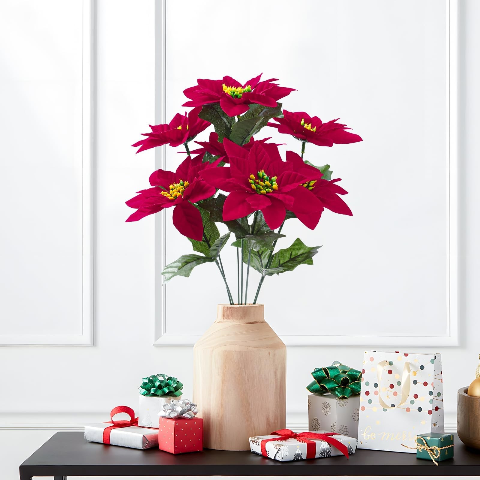 8 Pack 7 Heads 17in Poinsettia Christmas Flowers Artificial Velvet Fake Poins…