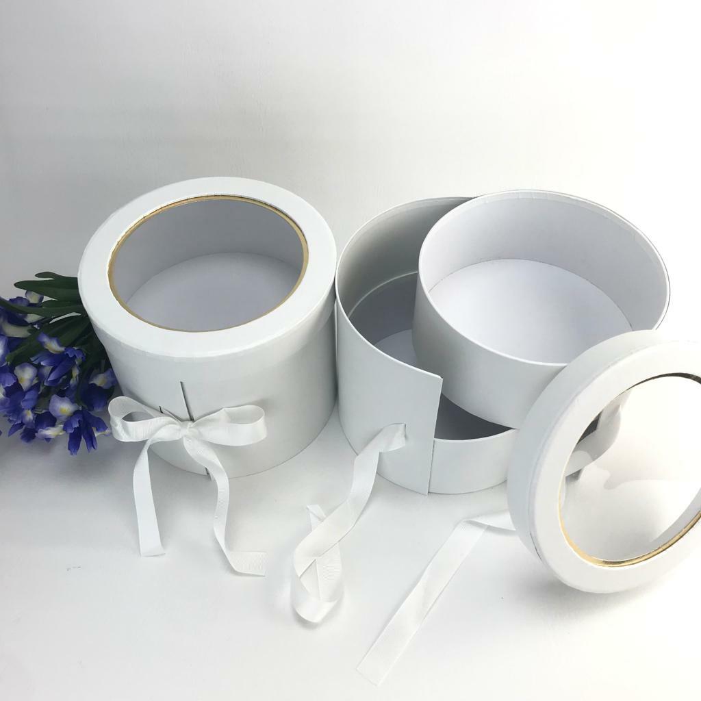 Premium Quality Round Shape Flower Box, Floral Gift Box, 2 Tier, with Lid, White