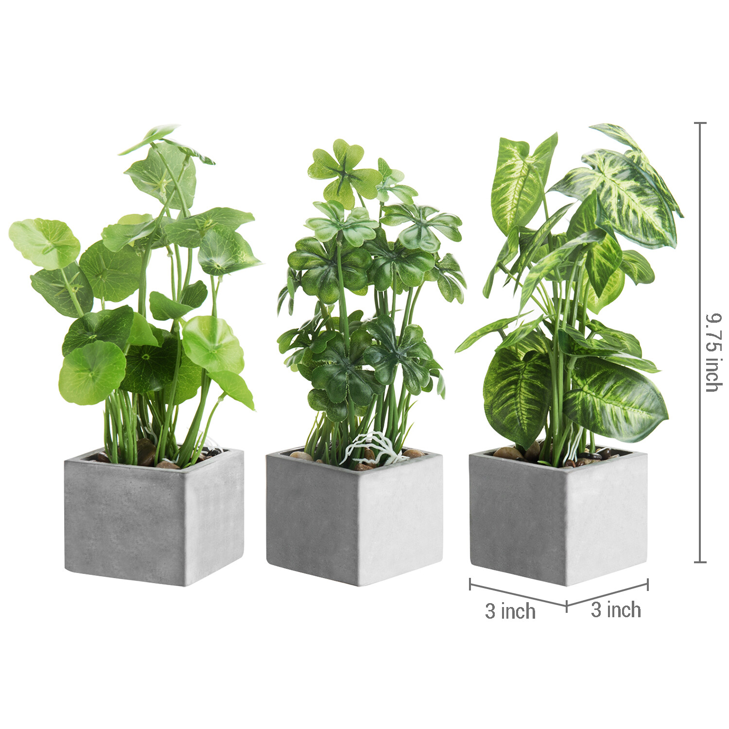 MyGift Set of 3 Artificial Faux Greenery Plants in Gray Square Cement Planters