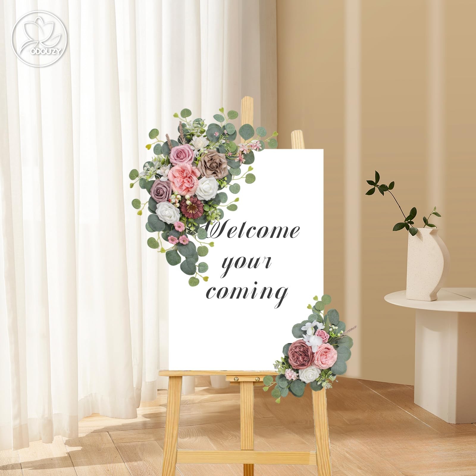 2 PCS Coffee Pink Artificial Wedding Arch Flowers Sign Faux Floral Swags Decor