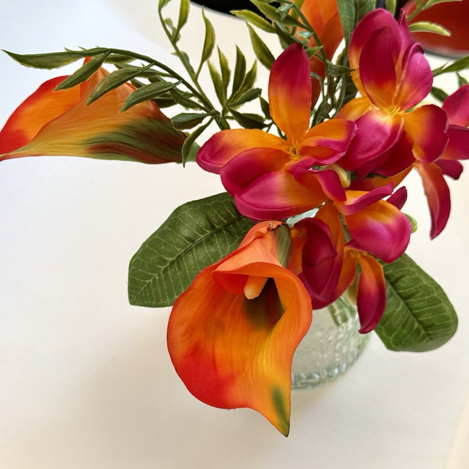 Artificial Tropical Flower Arrangement in Textured Glass Vase Pink Orange 10”