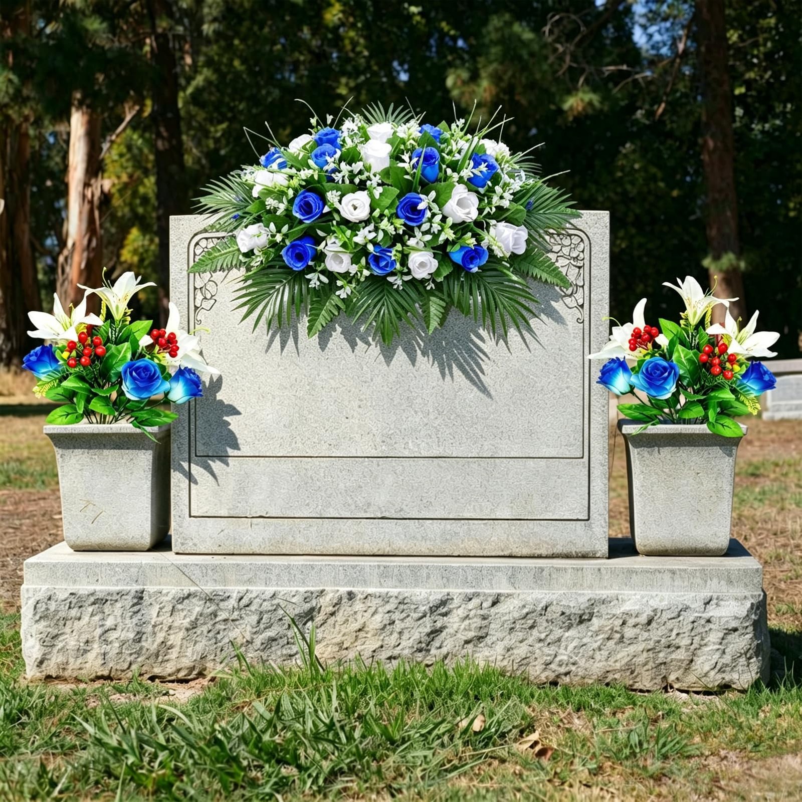2 Bouquets Artificial Red White Blue Flowers for Cemetery – Realistic Patriot…