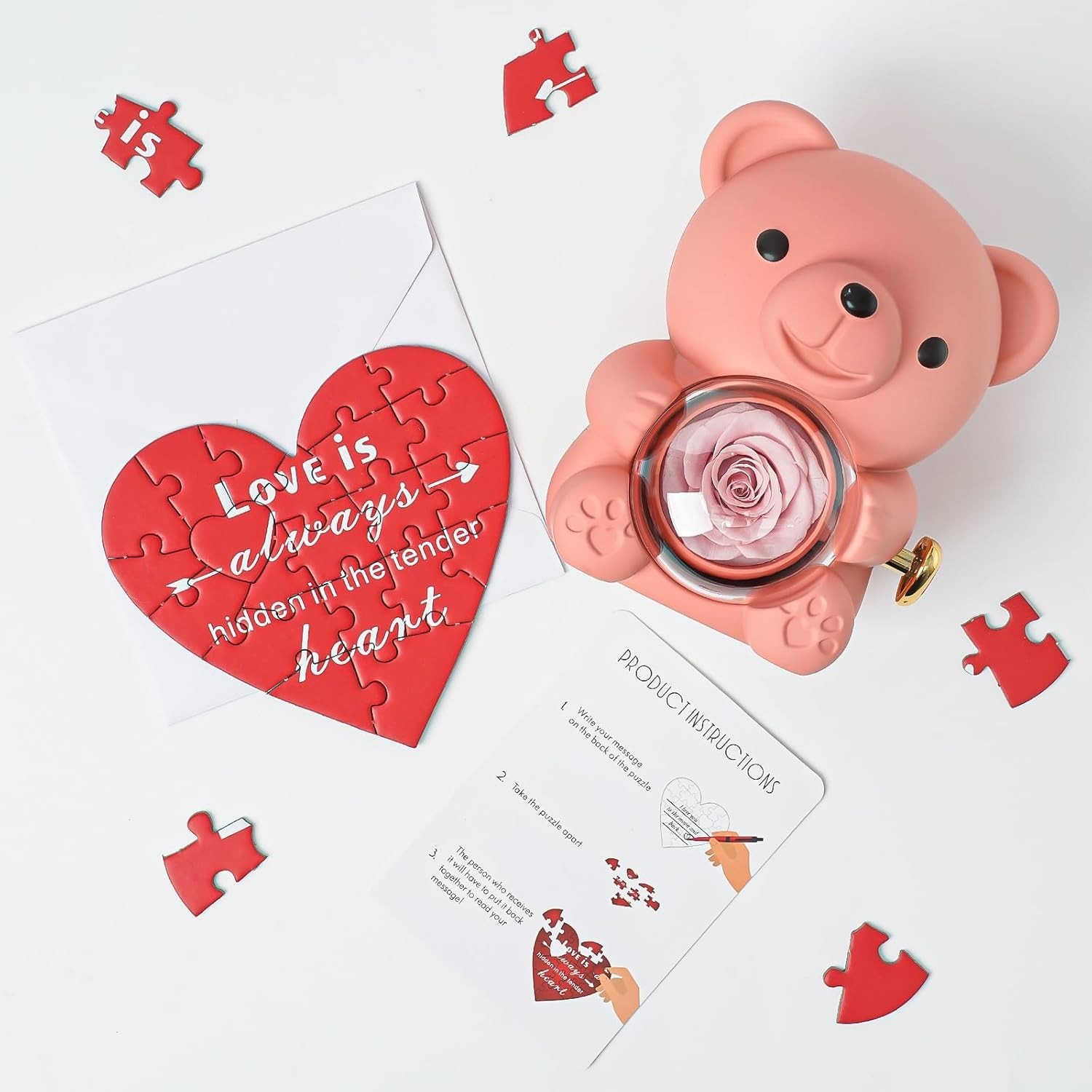 Real Preserved Rose Teddy Bear with Jewelry Compartment