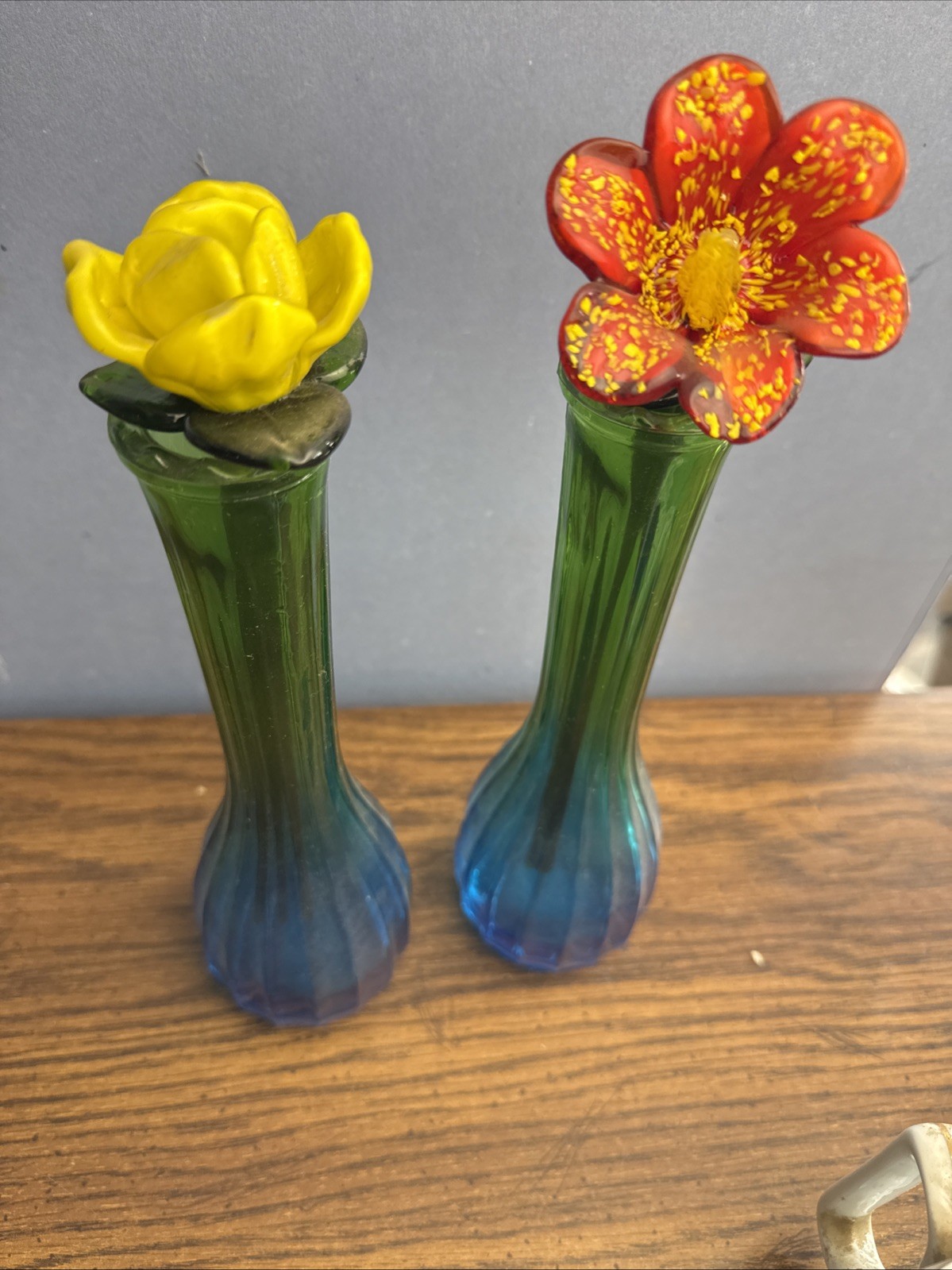 Vintage Art Glass Flower Stems & Blue Green Bud Vases Lot – Hand Blown Decor