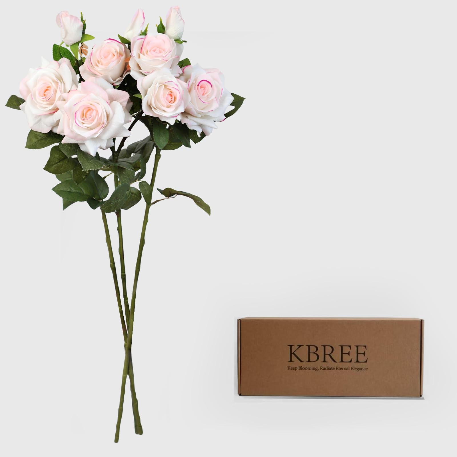KBREE 30” Real Touch Roses, Pink White Artificial Flowers, 3Pcs Pink Roses wi…