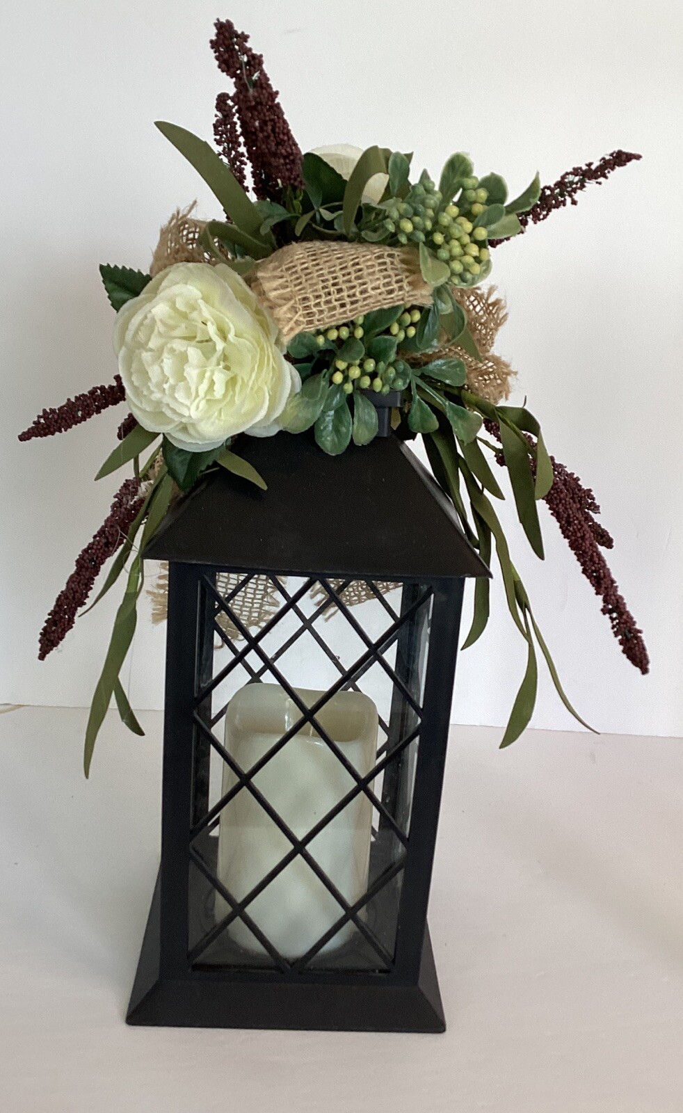 Multi Color Light Lantern with Flowers and Burlap Indoor Outdoor Decor 14.4″
