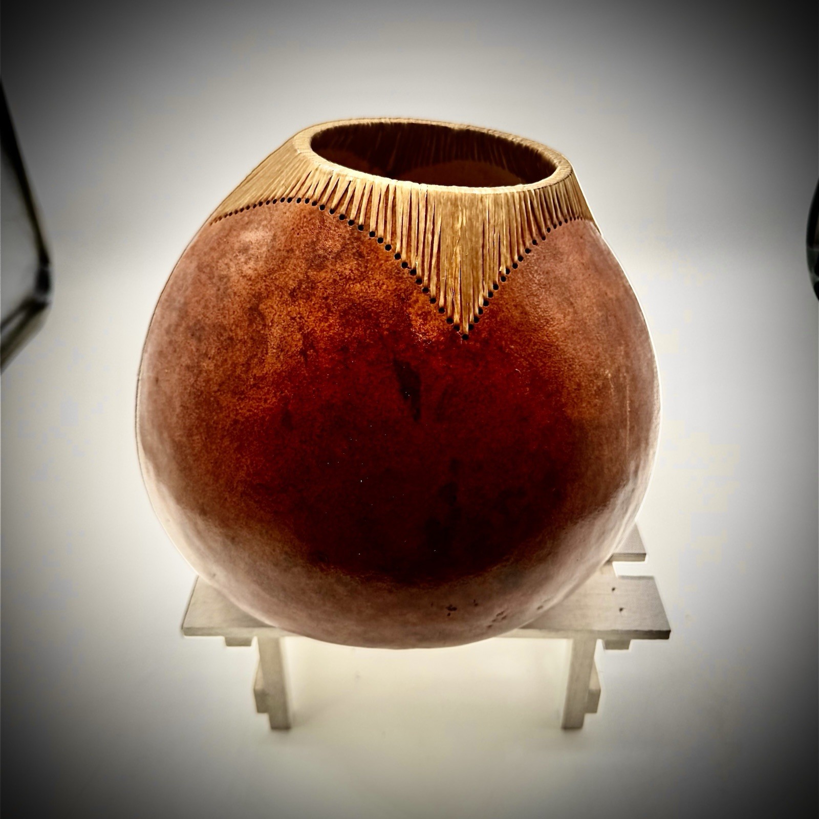 Home decor Gourd large primitive folk art Woven Trim dried flower vase