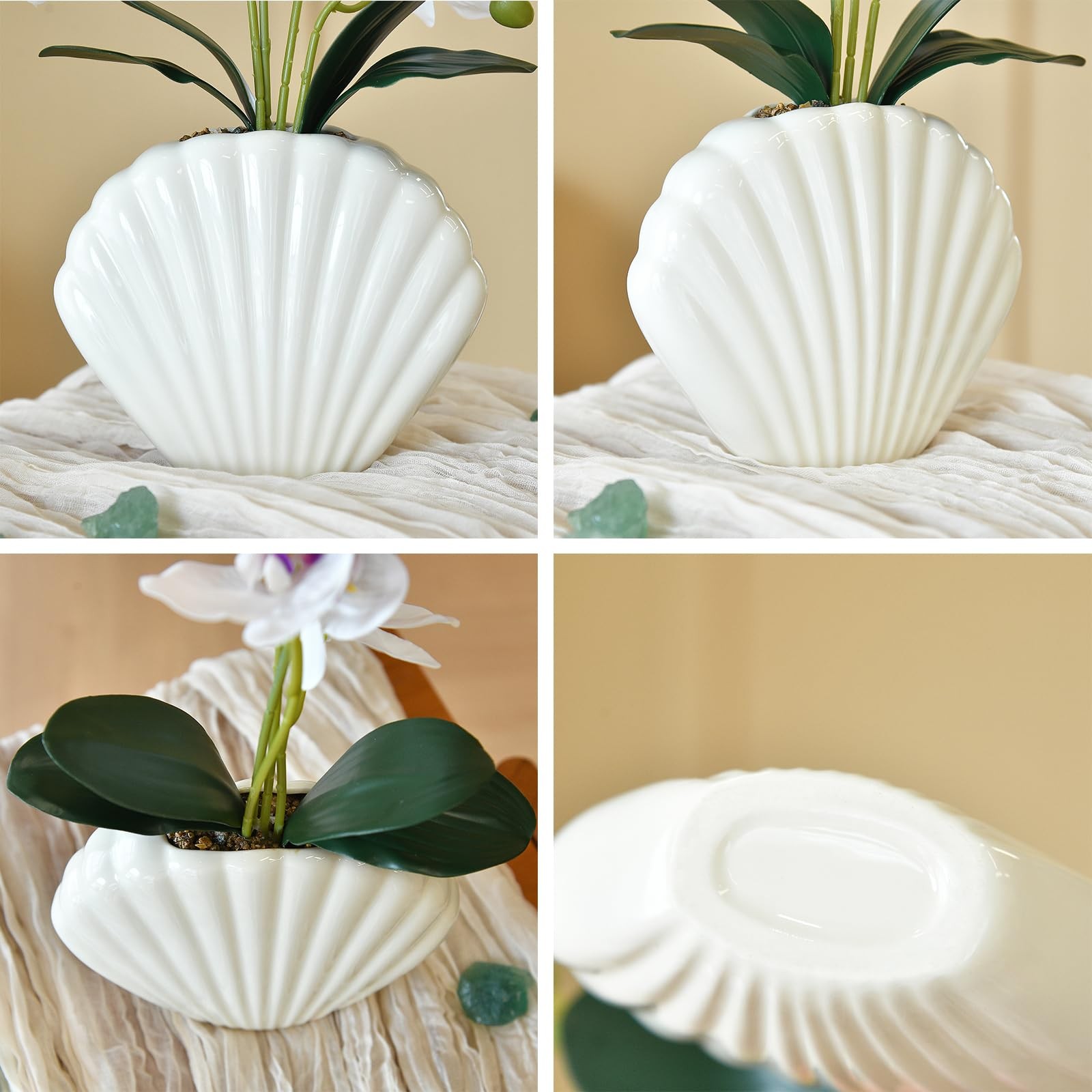 Artificial Phalaenopsis Orchid Plant in Seashell Pot, 16″ Fake Orchid Flowers…