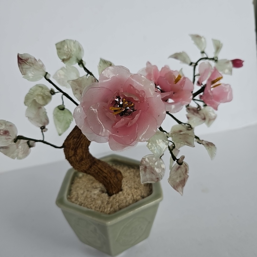 Vintage Chinese Glass Bonsai Tree Pink Cherry Blossom Celadon Pot Chinoiserie