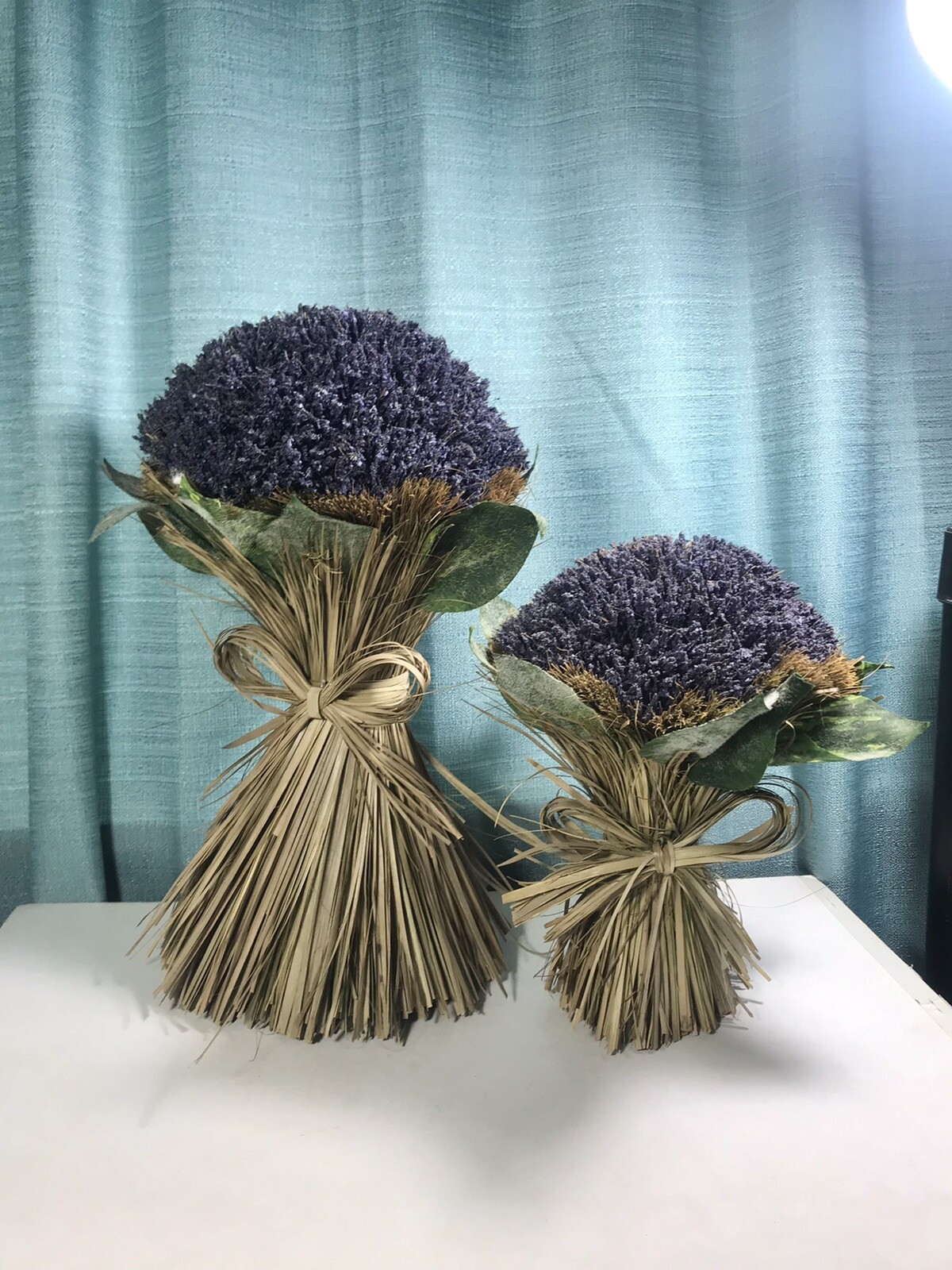 Artificial Lavender Bouquet Pair Free Standing Rounded Bunch w Grass Bow