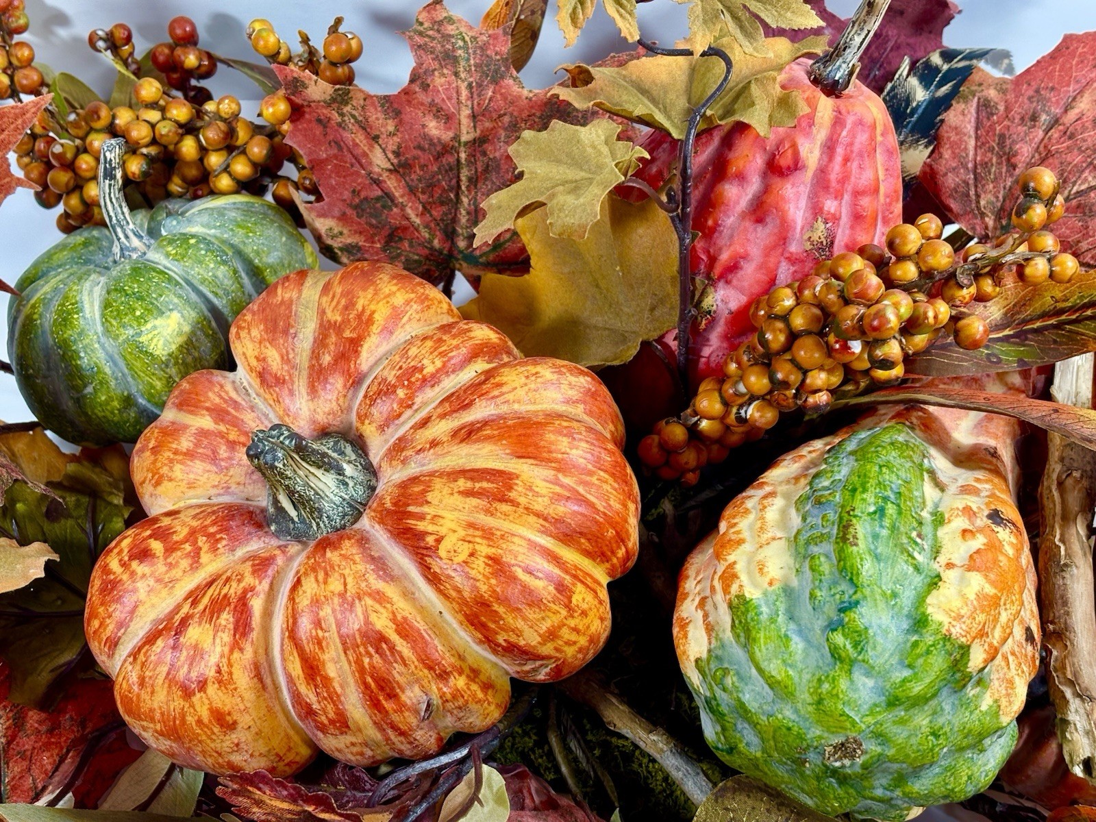 Thanksgiving/Fall Leaves Gourd Centerpiece w/ Twigs Oval Arrangement 19”