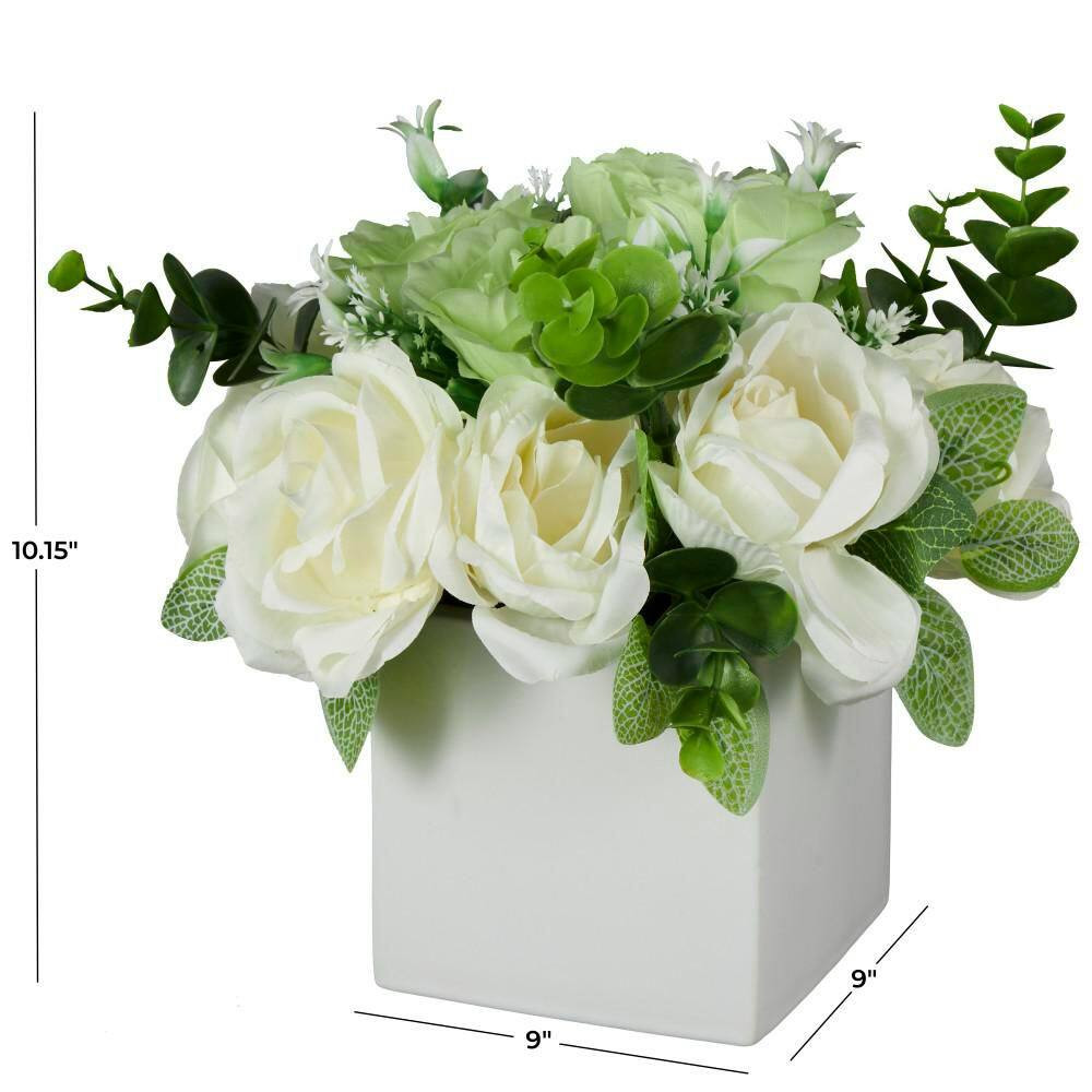10 In. White Artificial Flower with Green Leaves and Square Ceramic Vase