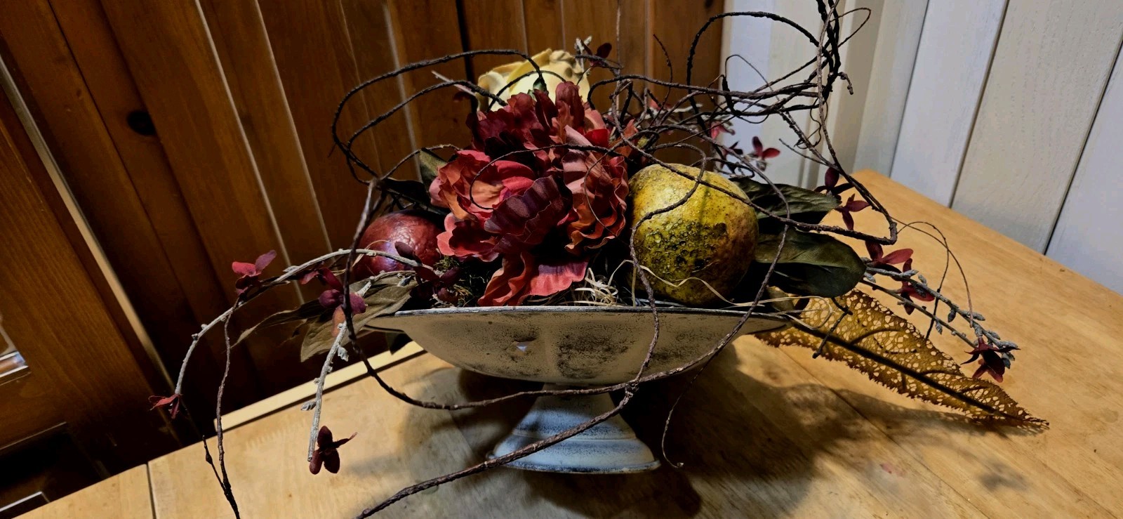 Arrangement of Dried Fruits & Flowers Centerpiece Metal Compote 14WX14WX13″Tall