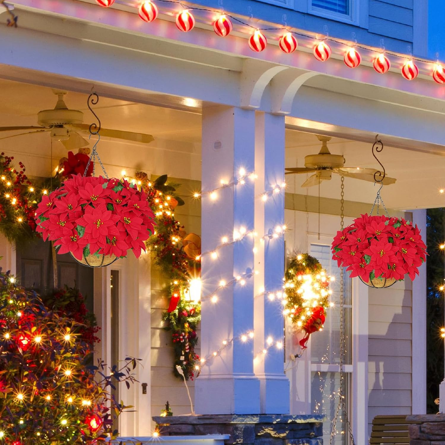Hanging Red Poinsettias with Basket – UV Resistant Xmas Decor for Outdoors