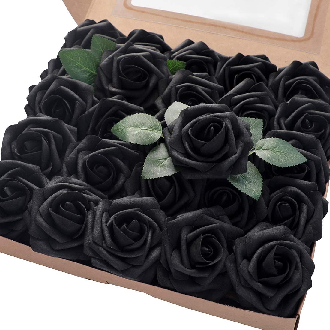 Artificial Flowers 25Pcs Real Looking Black Foam Fake Roses with Stems for DIY W