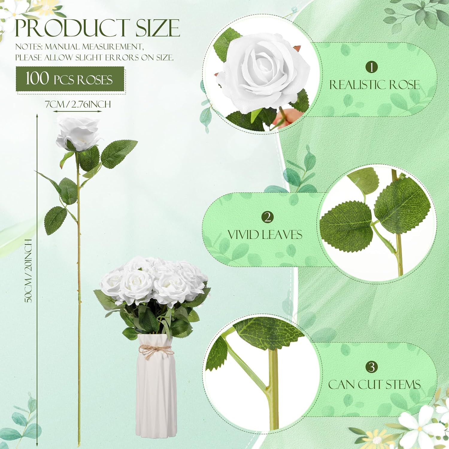 100 Pcs Realistic White Silk Roses for Wedding & Home Decor