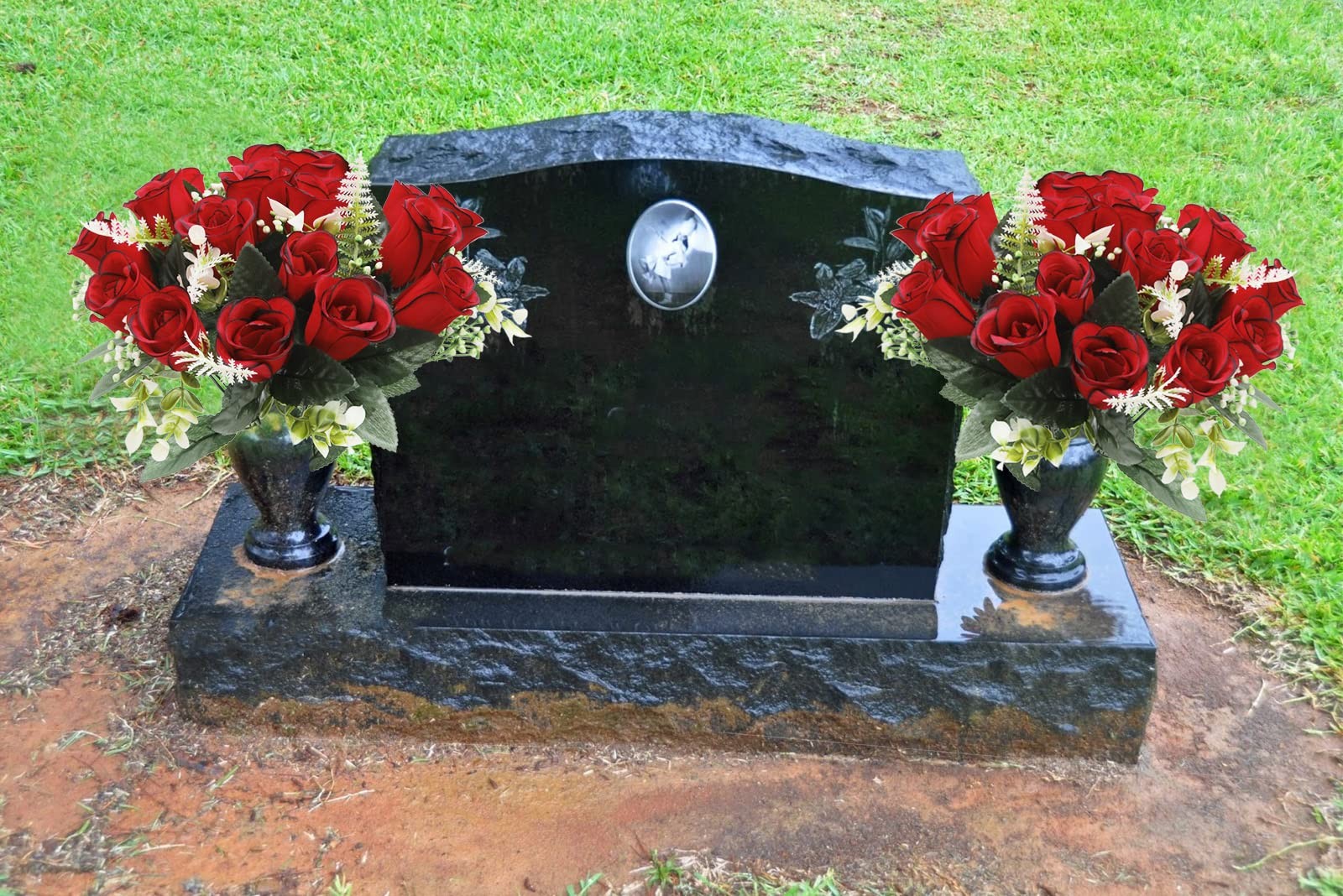 2Pcs Artificial Cemetery Flowers for Grave Silk Memorial Red Rose Flowers Out…
