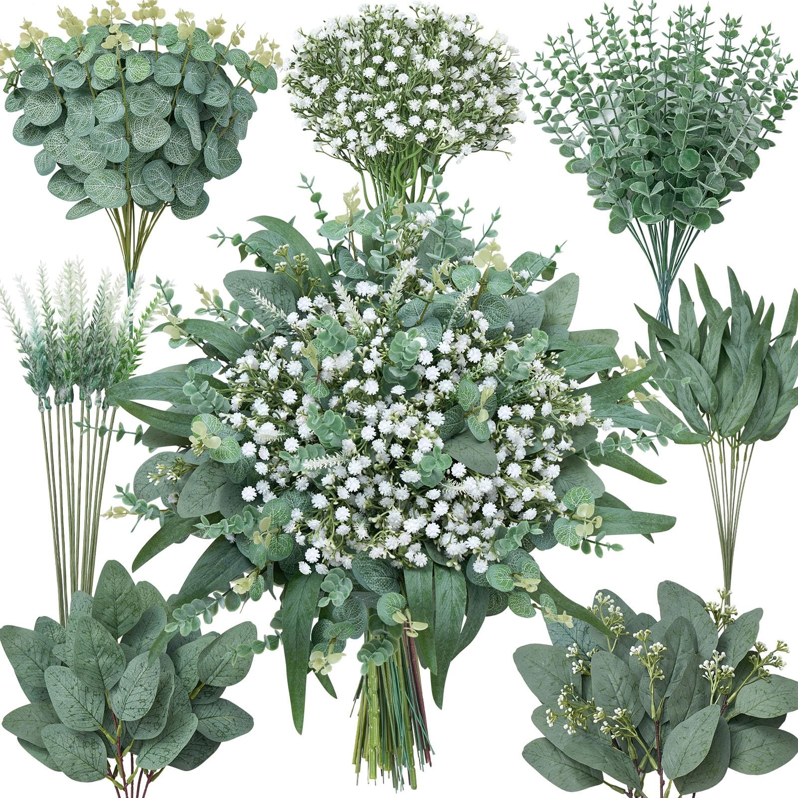 90 Pcs 7 Kinds Mixed Artificial Eucalyptus Greenery Stems