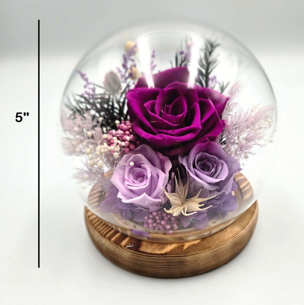 Preserved Roses in Glass Dome with Wooden Base With Light, Purple