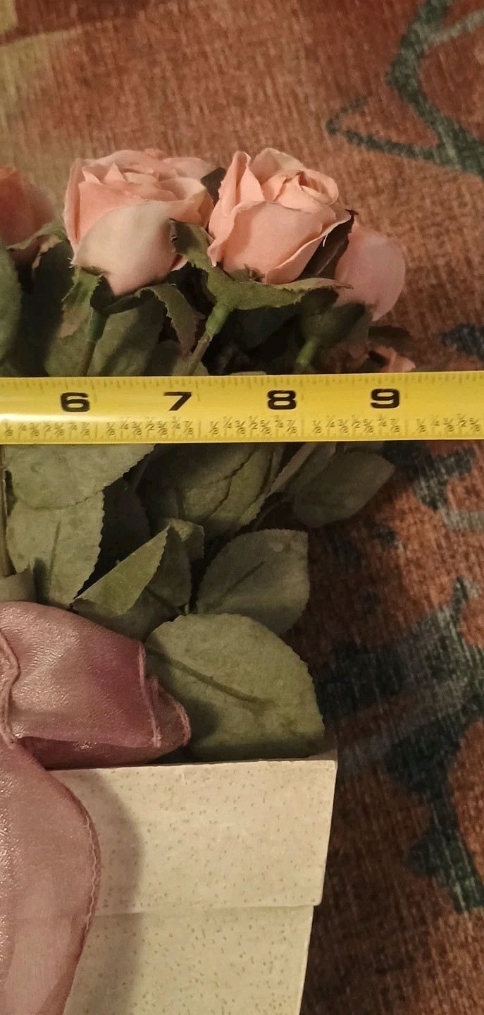 TOP DESIGNS Pink bud ROSES on stems in Resin Tan Rectangle planter FLORAL DECOR