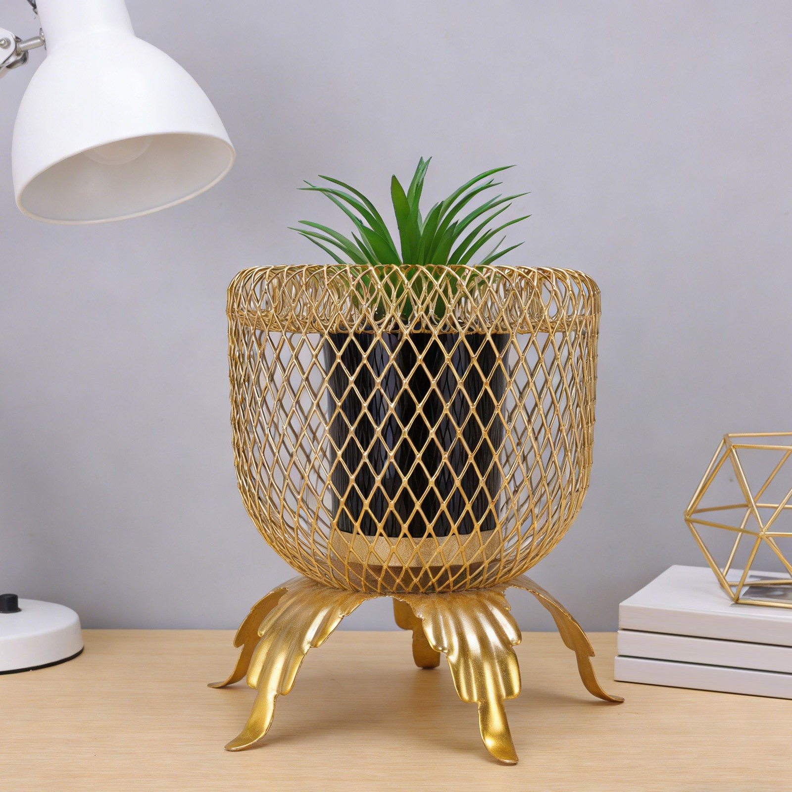 Small Fake Plant With Metal Cage Decorative Potted Artificial Succulent For Home